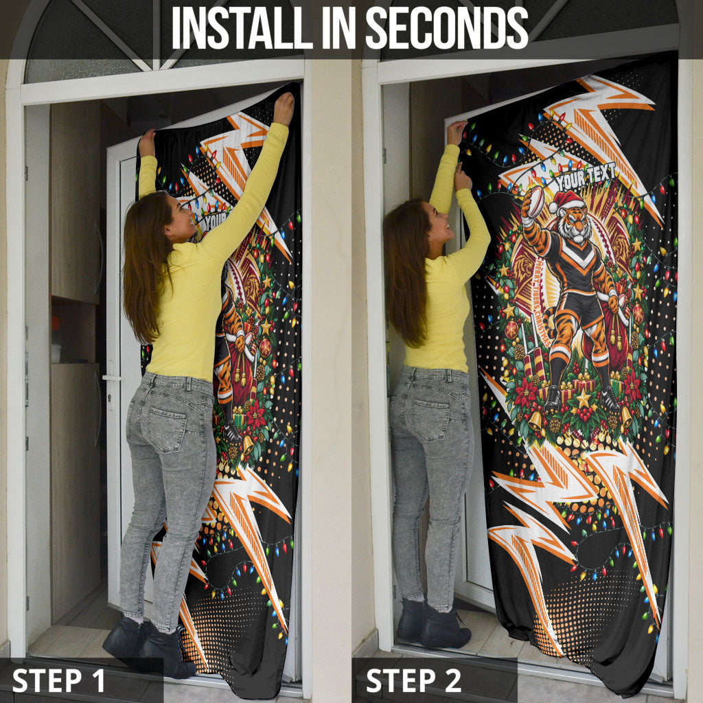 Personalized Wests Tigers Rugby Christmas Door Cover Holiday Mascot Graphic Art Festive Lights Bow
