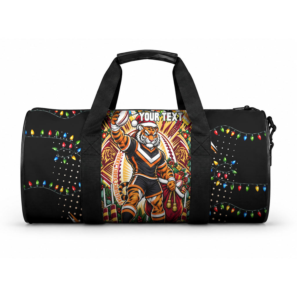 Personalized Wests Tigers Rugby Christmas Duffle Bag Holiday Mascot Graphic Art Festive Lights Bow