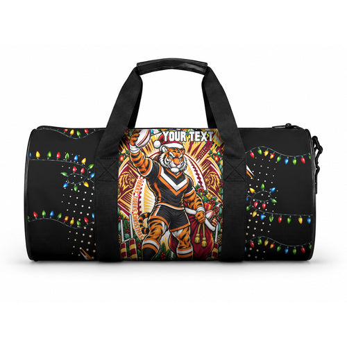 Personalized Wests Tigers Rugby Christmas Duffle Bag Holiday Mascot Graphic Art Festive Lights Bow