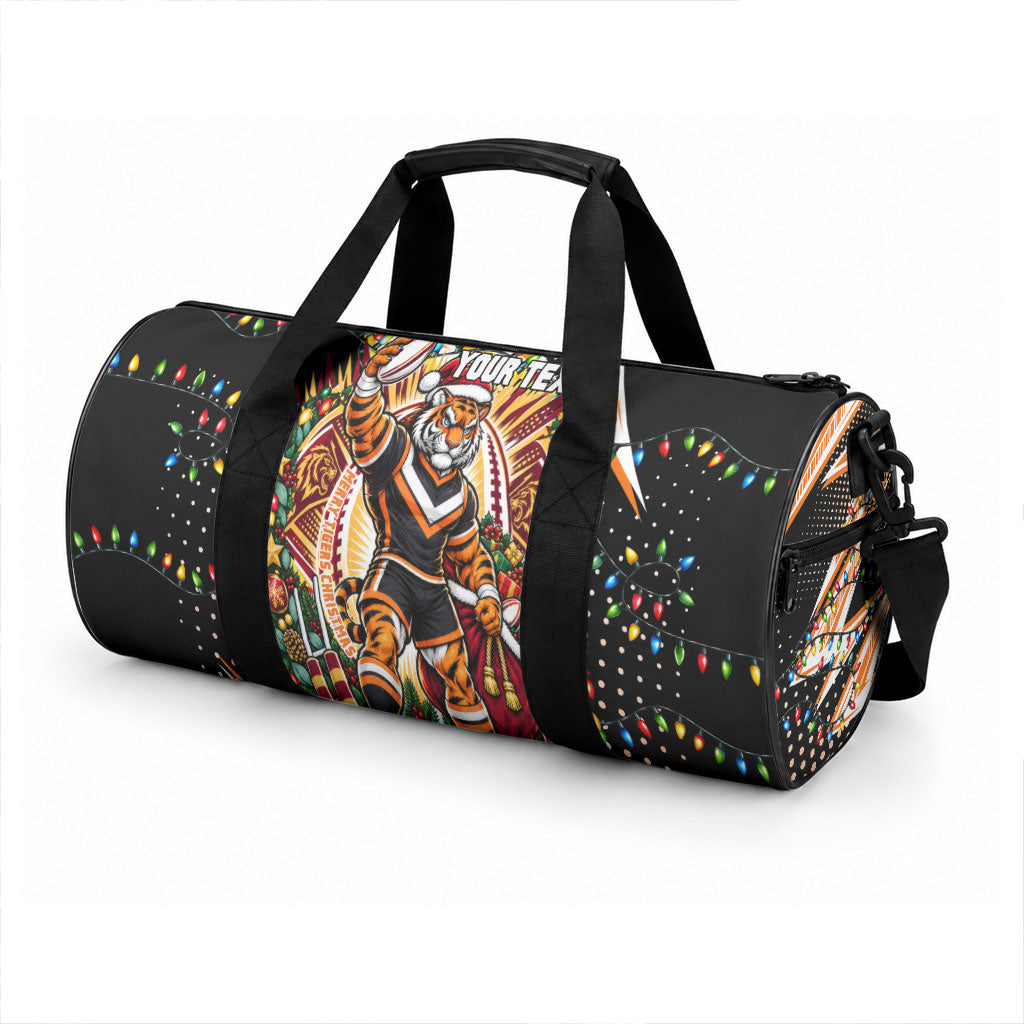 Personalized Wests Tigers Rugby Christmas Duffle Bag Holiday Mascot Graphic Art Festive Lights Bow