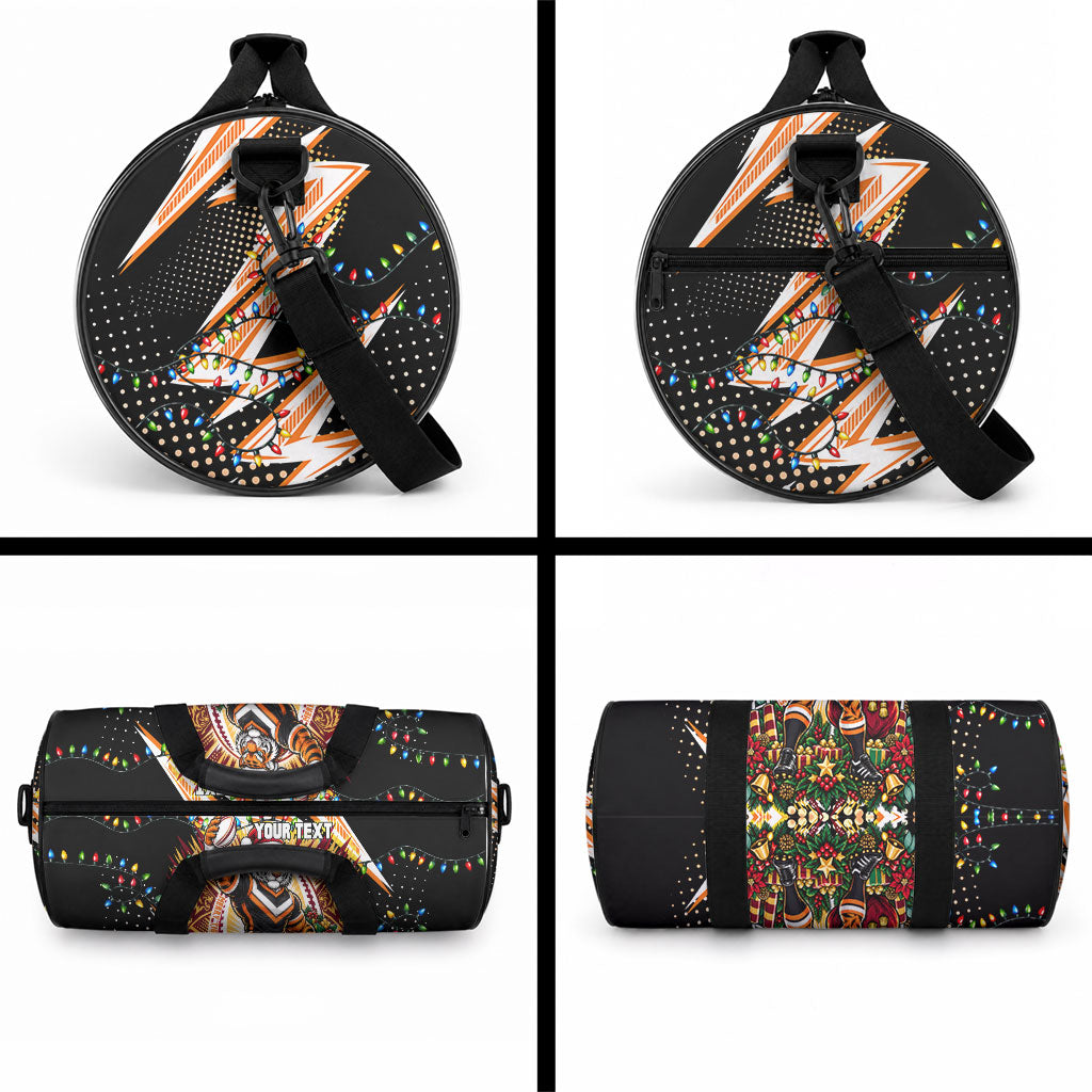 Personalized Wests Tigers Rugby Christmas Duffle Bag Holiday Mascot Graphic Art Festive Lights Bow