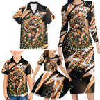 Personalized Wests Tigers Rugby Christmas Family Matching Long Sleeve Bodycon Dress and Hawaiian Shirt Holiday Mascot Graphic Art Festive Lights Bow