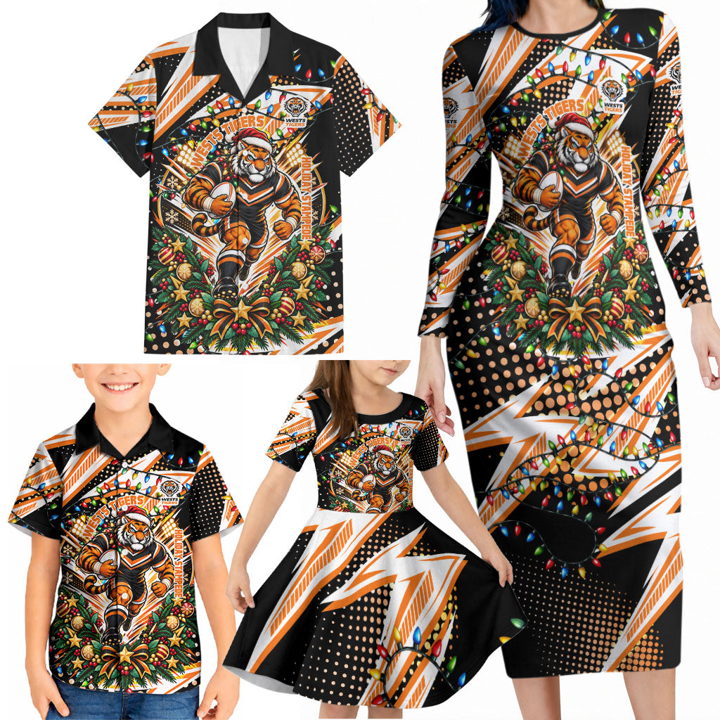 Personalized Wests Tigers Rugby Christmas Family Matching Long Sleeve Bodycon Dress and Hawaiian Shirt Holiday Mascot Graphic Art Festive Lights Bow