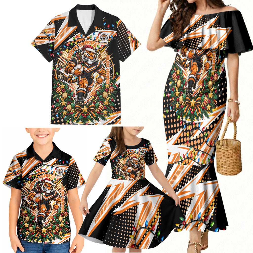 Personalized Wests Tigers Rugby Christmas Family Matching Mermaid Dress and Hawaiian Shirt Holiday Mascot Graphic Art Festive Lights Bow