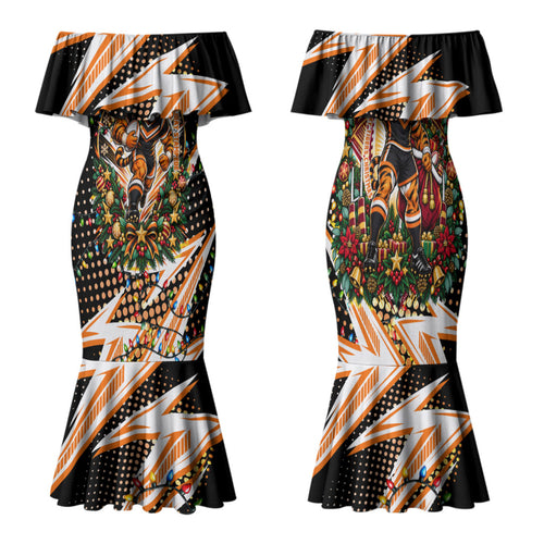 Personalized Wests Tigers Rugby Christmas Family Matching Mermaid Dress and Hawaiian Shirt Holiday Mascot Graphic Art Festive Lights Bow