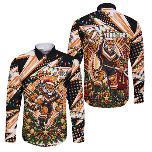 Personalized Wests Tigers Rugby Christmas Family Matching Mermaid Dress and Hawaiian Shirt Holiday Mascot Graphic Art Festive Lights Bow