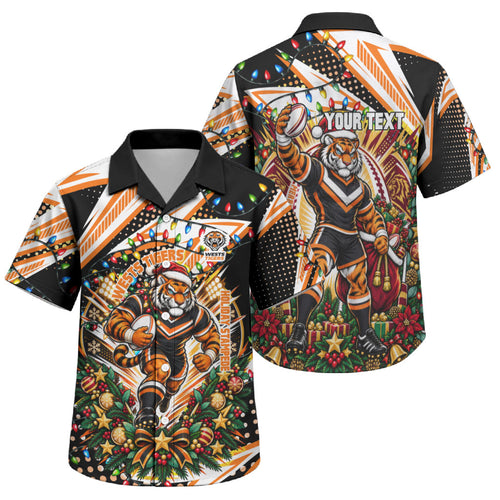 Personalized Wests Tigers Rugby Christmas Family Matching Mermaid Dress and Hawaiian Shirt Holiday Mascot Graphic Art Festive Lights Bow