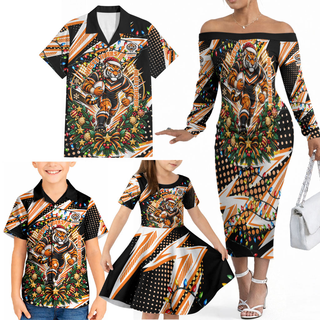 Personalized Wests Tigers Rugby Christmas Family Matching Off The Shoulder Long Sleeve Dress and Hawaiian Shirt Holiday Mascot Graphic Art Festive Lights Bow