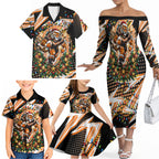 Personalized Wests Tigers Rugby Christmas Family Matching Off The Shoulder Long Sleeve Dress and Hawaiian Shirt Holiday Mascot Graphic Art Festive Lights Bow