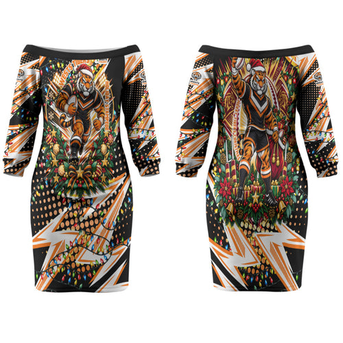 Personalized Wests Tigers Rugby Christmas Family Matching Off The Shoulder Long Sleeve Dress and Hawaiian Shirt Holiday Mascot Graphic Art Festive Lights Bow
