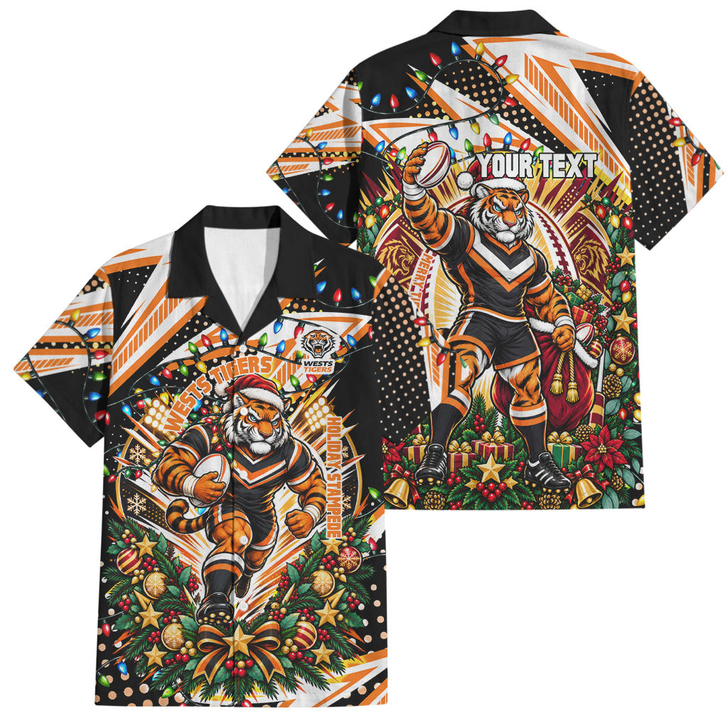 Personalized Wests Tigers Rugby Christmas Family Matching Off The Shoulder Long Sleeve Dress and Hawaiian Shirt Holiday Mascot Graphic Art Festive Lights Bow