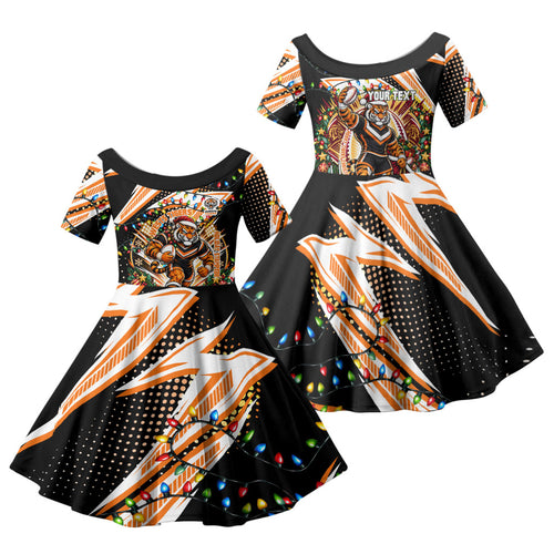 Personalized Wests Tigers Rugby Christmas Family Matching Off The Shoulder Long Sleeve Dress and Hawaiian Shirt Holiday Mascot Graphic Art Festive Lights Bow