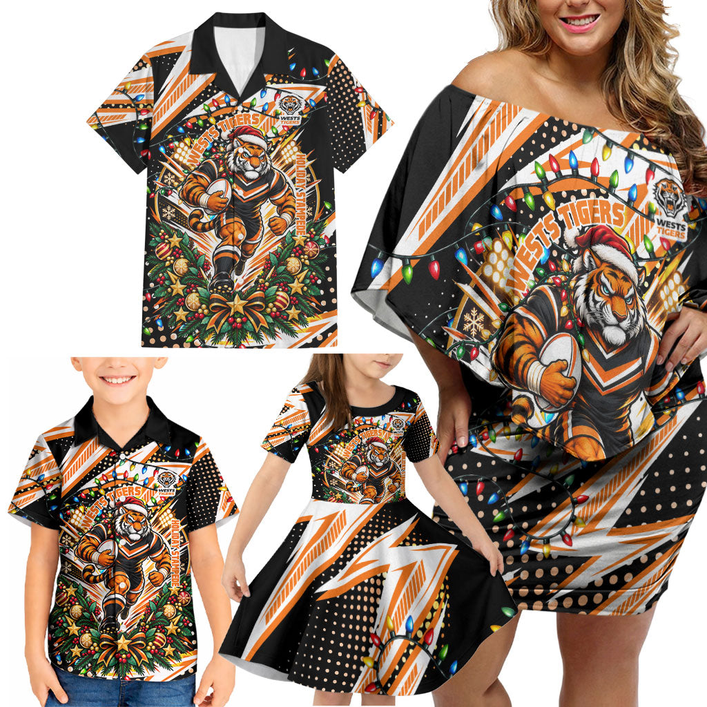 Personalized Wests Tigers Rugby Christmas Family Matching Off Shoulder Short Dress and Hawaiian Shirt Holiday Mascot Graphic Art Festive Lights Bow