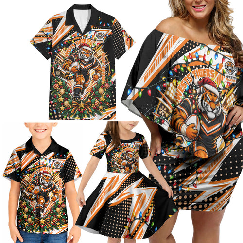 Personalized Wests Tigers Rugby Christmas Family Matching Off Shoulder Short Dress and Hawaiian Shirt Holiday Mascot Graphic Art Festive Lights Bow