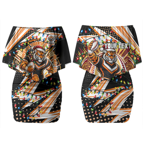 Personalized Wests Tigers Rugby Christmas Family Matching Off Shoulder Short Dress and Hawaiian Shirt Holiday Mascot Graphic Art Festive Lights Bow