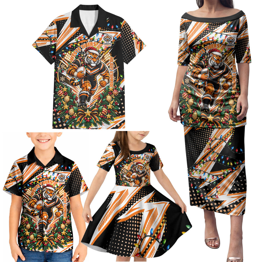 Personalized Wests Tigers Rugby Christmas Family Matching Puletasi and Hawaiian Shirt Holiday Mascot Graphic Art Festive Lights Bow