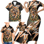 Personalized Wests Tigers Rugby Christmas Family Matching Short Sleeve Bodycon Dress and Hawaiian Shirt Holiday Mascot Graphic Art Festive Lights Bow