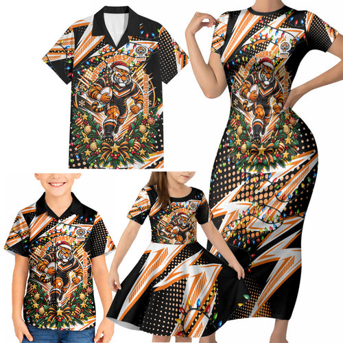 Personalized Wests Tigers Rugby Christmas Family Matching Short Sleeve Bodycon Dress and Hawaiian Shirt Holiday Mascot Graphic Art Festive Lights Bow