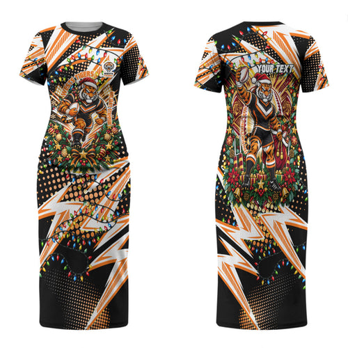 Personalized Wests Tigers Rugby Christmas Family Matching Short Sleeve Bodycon Dress and Hawaiian Shirt Holiday Mascot Graphic Art Festive Lights Bow