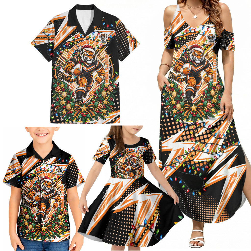 Personalized Wests Tigers Rugby Christmas Family Matching Summer Maxi Dress and Hawaiian Shirt Holiday Mascot Graphic Art Festive Lights Bow