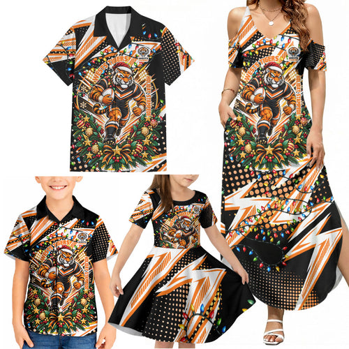 Personalized Wests Tigers Rugby Christmas Family Matching Summer Maxi Dress and Hawaiian Shirt Holiday Mascot Graphic Art Festive Lights Bow