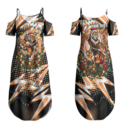 Personalized Wests Tigers Rugby Christmas Family Matching Summer Maxi Dress and Hawaiian Shirt Holiday Mascot Graphic Art Festive Lights Bow