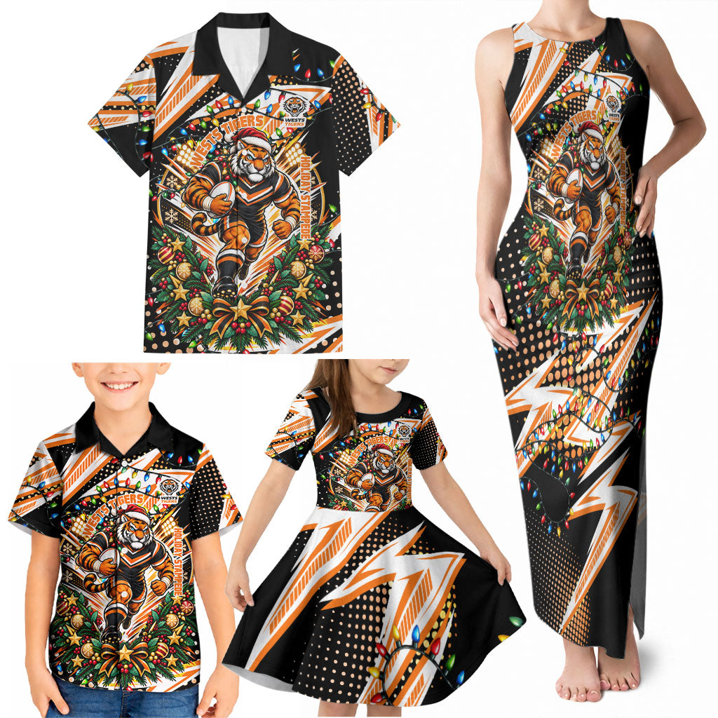 Personalized Wests Tigers Rugby Christmas Family Matching Tank Maxi Dress and Hawaiian Shirt Holiday Mascot Graphic Art Festive Lights Bow