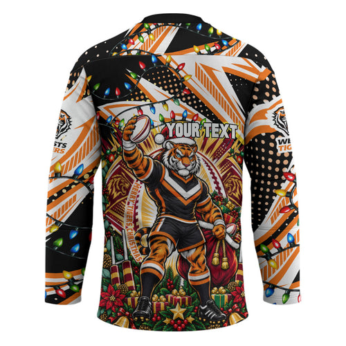 Personalized Wests Tigers Rugby Christmas Hockey Jersey Holiday Mascot Graphic Art Festive Lights Bow