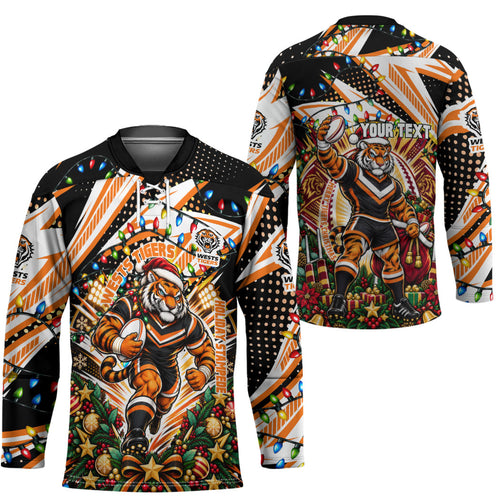 Personalized Wests Tigers Rugby Christmas Hockey Jersey Holiday Mascot Graphic Art Festive Lights Bow
