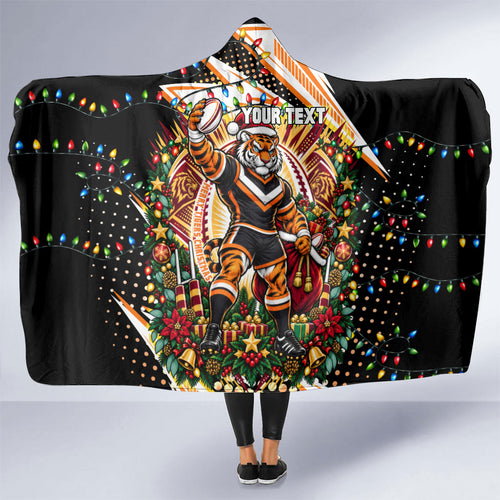 Personalized Wests Tigers Rugby Christmas Hooded Blanket Holiday Mascot Graphic Art Festive Lights Bow