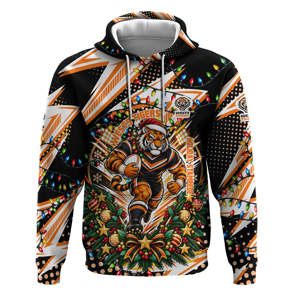 Personalized Wests Tigers Rugby Christmas Hoodie Holiday Mascot Graphic Art Festive Lights Bow