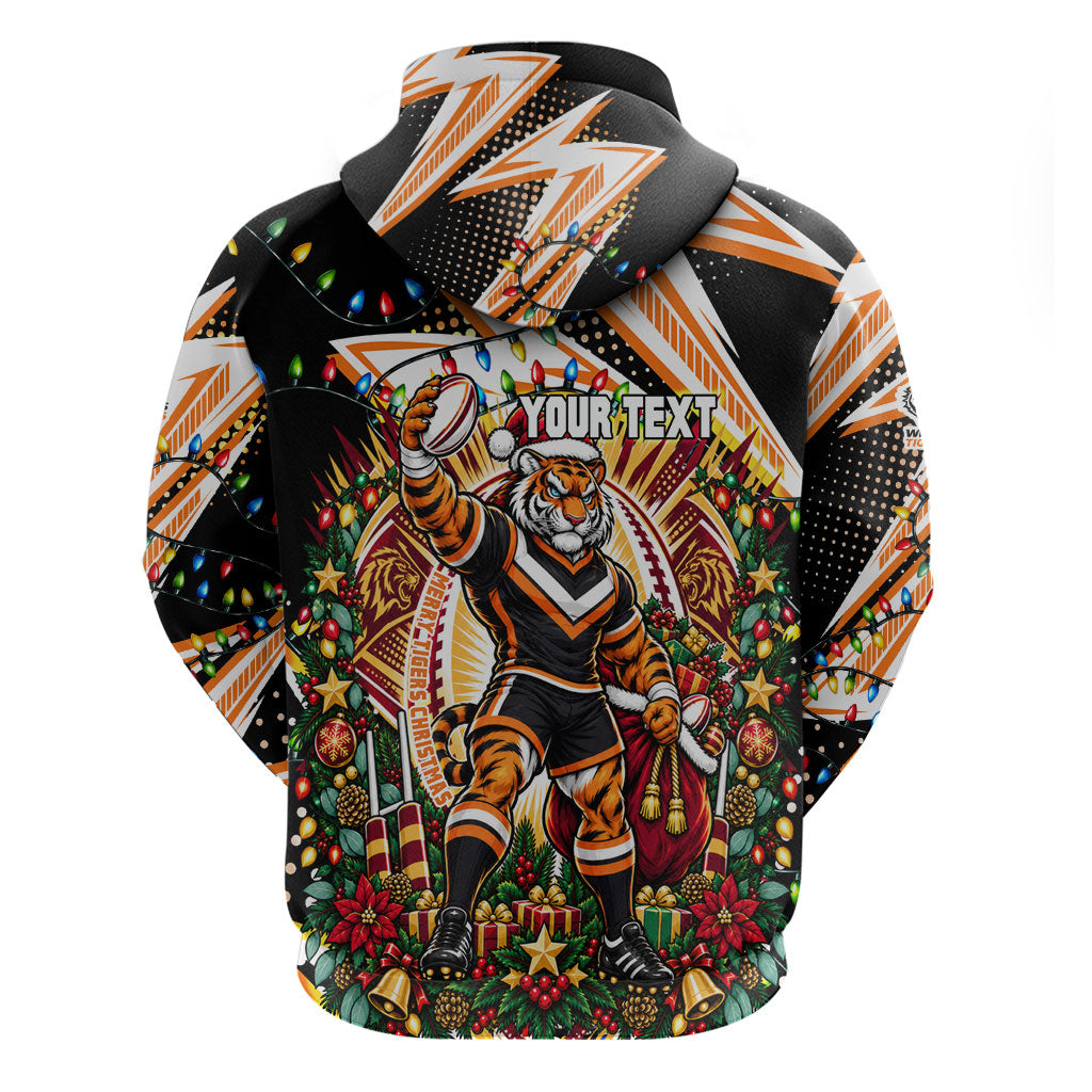 Personalized Wests Tigers Rugby Christmas Hoodie Holiday Mascot Graphic Art Festive Lights Bow