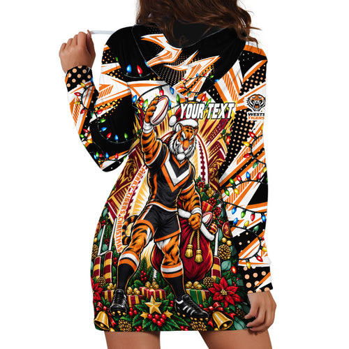Personalized Wests Tigers Rugby Christmas Hoodie Dress Holiday Mascot Graphic Art Festive Lights Bow