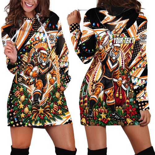 Personalized Wests Tigers Rugby Christmas Hoodie Dress Holiday Mascot Graphic Art Festive Lights Bow