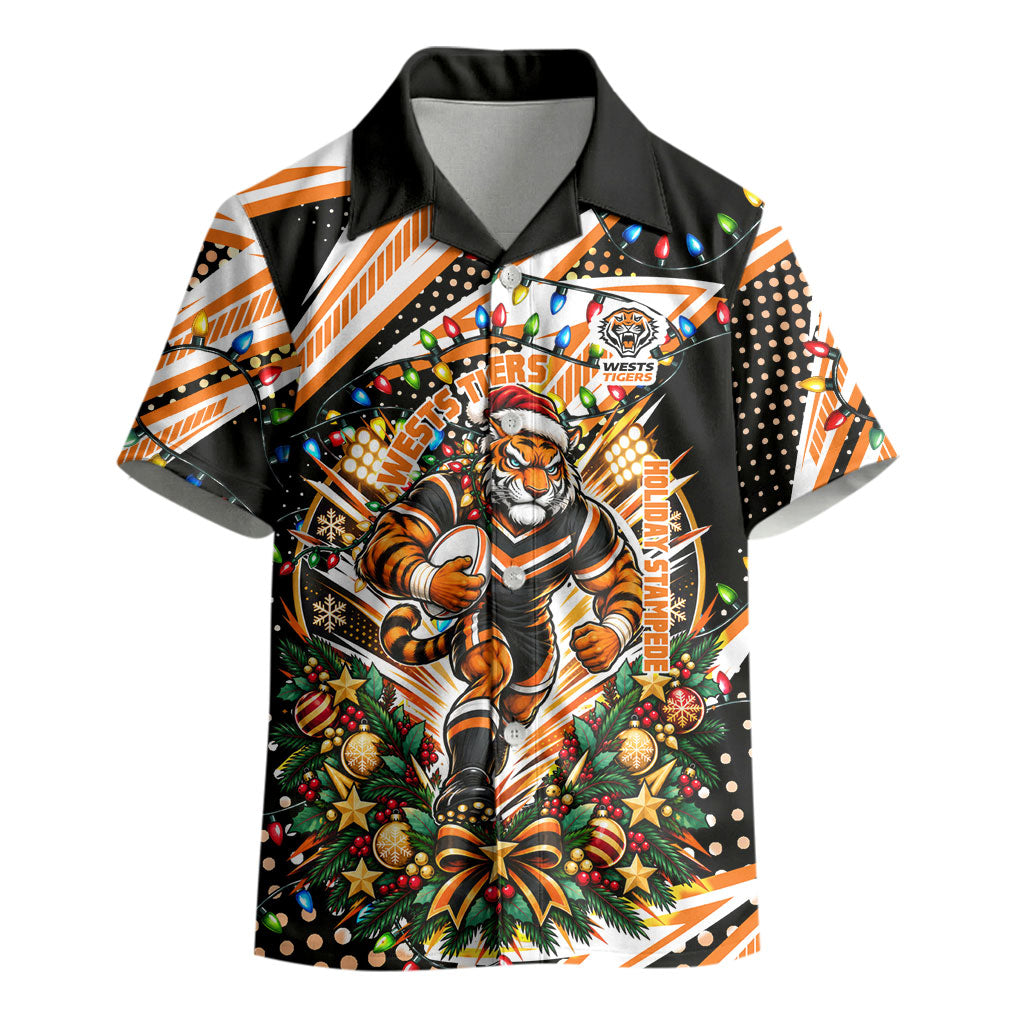 Personalized Wests Tigers Rugby Christmas Kid Hawaiian Shirt Holiday Mascot Graphic Art Festive Lights Bow
