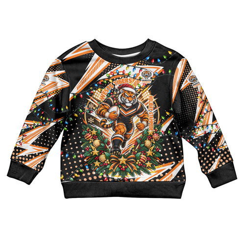 Personalized Wests Tigers Rugby Christmas Kid Ugly Christmas Sweater Holiday Mascot Graphic Art Festive Lights Bow