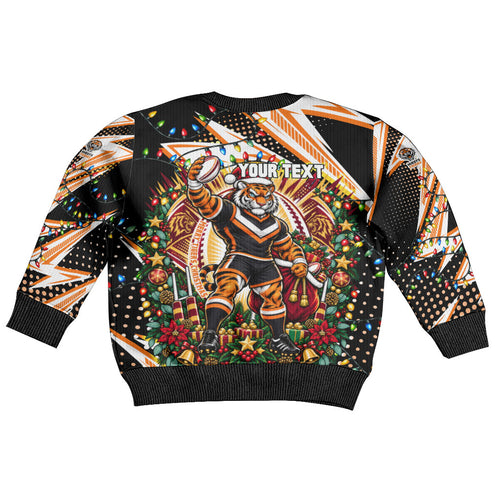 Personalized Wests Tigers Rugby Christmas Kid Ugly Christmas Sweater Holiday Mascot Graphic Art Festive Lights Bow