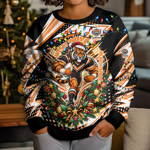 Personalized Wests Tigers Rugby Christmas Kid Ugly Christmas Sweater Holiday Mascot Graphic Art Festive Lights Bow