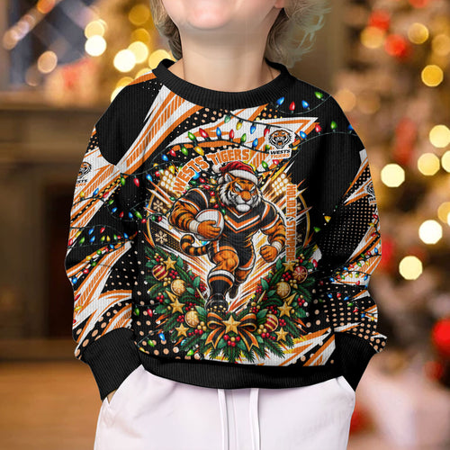 Personalized Wests Tigers Rugby Christmas Kid Ugly Christmas Sweater Holiday Mascot Graphic Art Festive Lights Bow