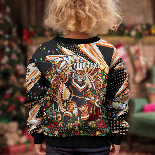 Personalized Wests Tigers Rugby Christmas Kid Ugly Christmas Sweater Holiday Mascot Graphic Art Festive Lights Bow
