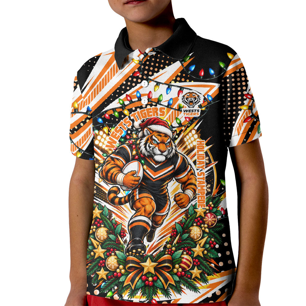 Personalized Wests Tigers Rugby Christmas Kid Polo Shirt Holiday Mascot Graphic Art Festive Lights Bow