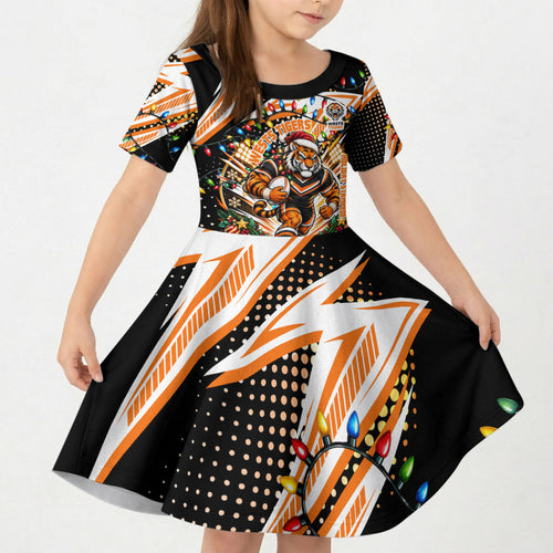 Personalized Wests Tigers Rugby Christmas Kid Short Sleeve Dress Holiday Mascot Graphic Art Festive Lights Bow