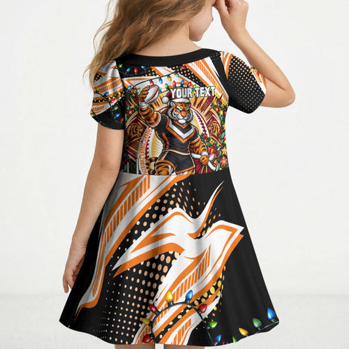 Personalized Wests Tigers Rugby Christmas Kid Short Sleeve Dress Holiday Mascot Graphic Art Festive Lights Bow