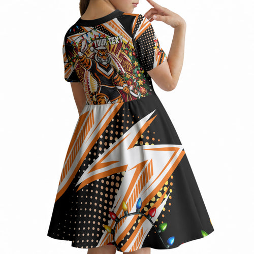 Personalized Wests Tigers Rugby Christmas Kid Short Sleeve Dress Holiday Mascot Graphic Art Festive Lights Bow