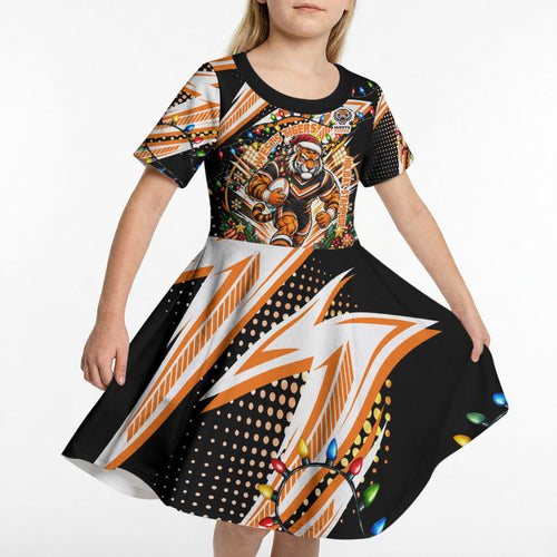 Personalized Wests Tigers Rugby Christmas Kid Short Sleeve Dress Holiday Mascot Graphic Art Festive Lights Bow