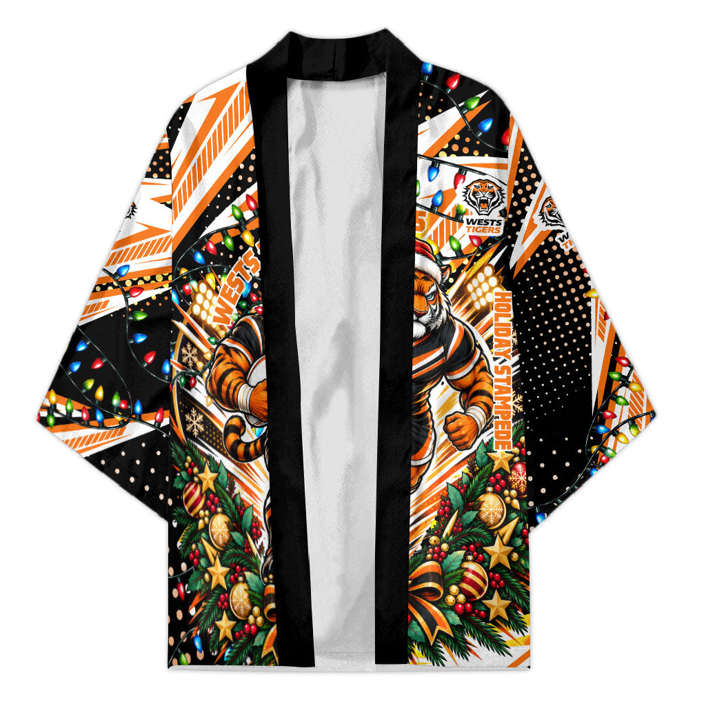 Personalized Wests Tigers Rugby Christmas Kimono Holiday Mascot Graphic Art Festive Lights Bow