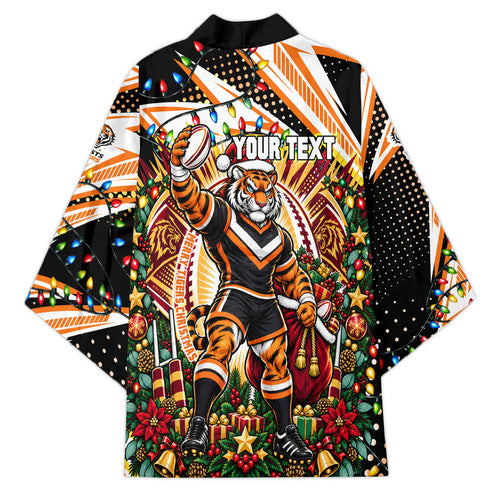 Personalized Wests Tigers Rugby Christmas Kimono Holiday Mascot Graphic Art Festive Lights Bow