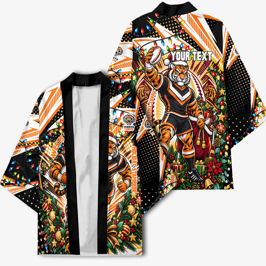 Personalized Wests Tigers Rugby Christmas Kimono Holiday Mascot Graphic Art Festive Lights Bow