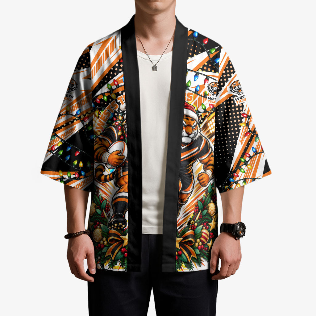 Personalized Wests Tigers Rugby Christmas Kimono Holiday Mascot Graphic Art Festive Lights Bow