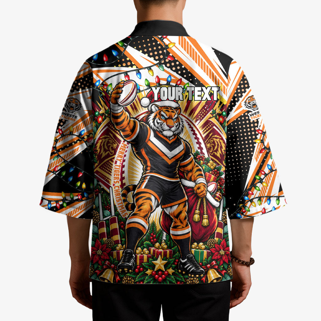 Personalized Wests Tigers Rugby Christmas Kimono Holiday Mascot Graphic Art Festive Lights Bow